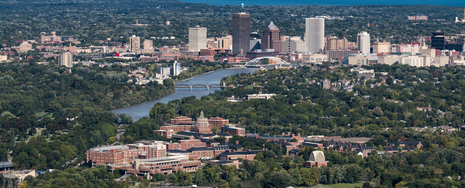 Aerial image of University of Rochester with city of Rochester in background