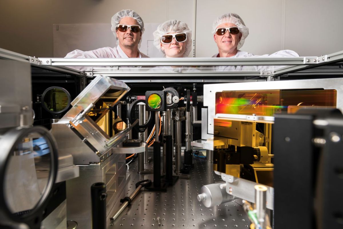 LLE Senior Scientist and Assistant Professor of Physics Dustin Froula, Graduate Student in the Plasma and Ultrafast Physics Group Sara Bucht and Associate Professor of Optics and LLE Senior Scientist Jake Bromage, are pictured in their lab at the Laboratory for Laser Energetics December